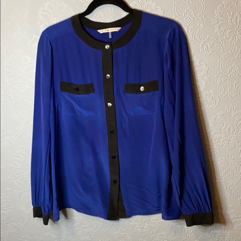 Trina Turk blue black silk blouse